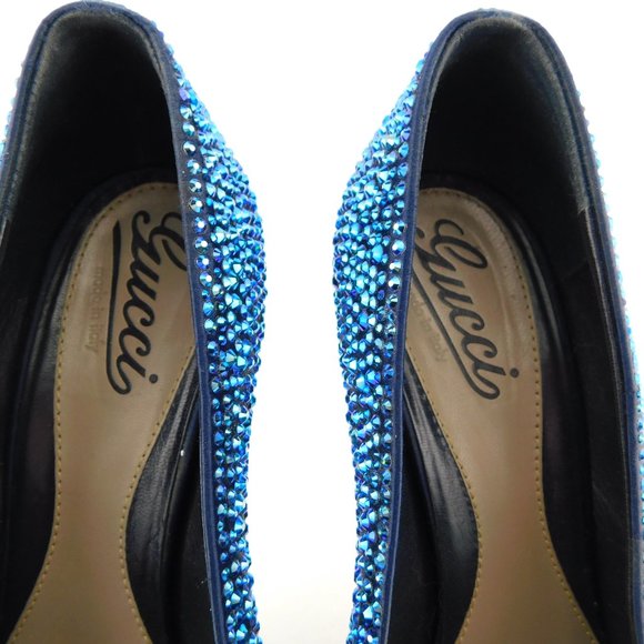 GUCCI Brilliant Blue Crystal Open Toe Heel Pumps 37.5 - Picture 9 of 11